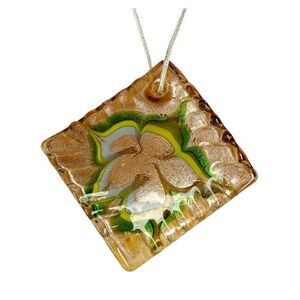 Handmade Fused Glass Necklace Green Flower on Golden Diamond Shape Wavy Edges